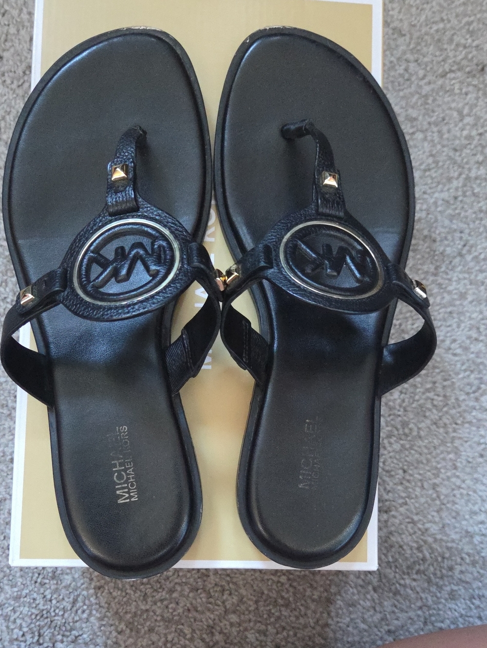 Michael Kors Black Logo Thong Sandals with Gold Stud Accents